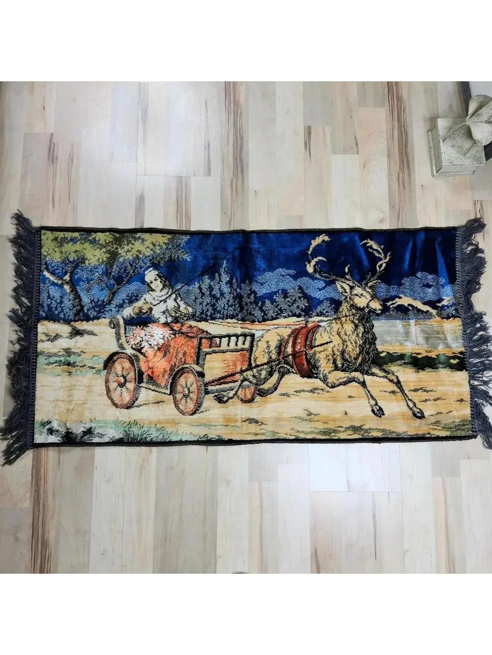 Vintage Tapestry Rug with Deer and Carriage Scene